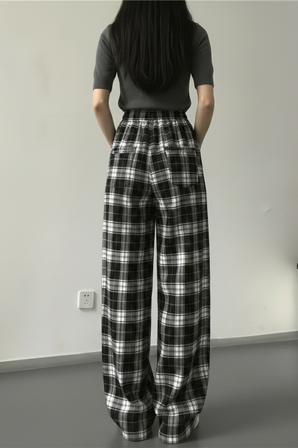 Pantalon Fluide Carreaux Noir Blanc Ample Décontracté - Imprimé Molleton - vue 2
