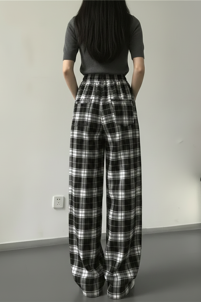 Pantalon Fluide Carreaux Noir Blanc Ample Décontracté - Imprimé Molleton - vue 2