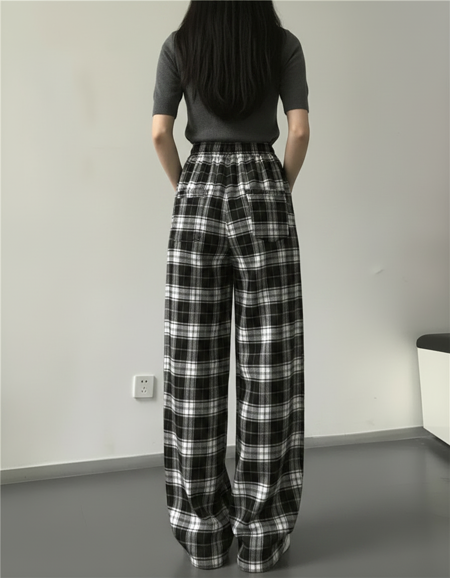 Pantalon Fluide Carreaux Noir Blanc Ample Décontracté - Imprimé Molleton - vue 2