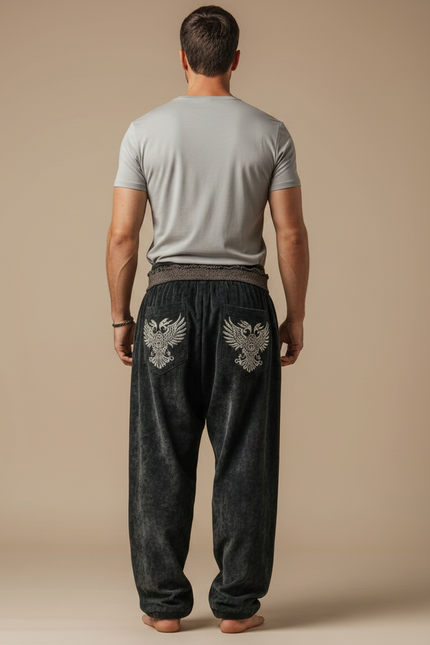 Pantalon Fluide Noir Brodé Aigle Viking Ample Homme - Velours - vue 2