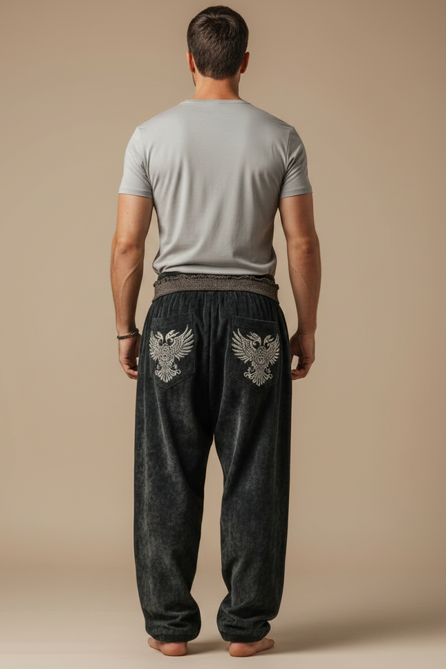 Pantalon Fluide Noir Brodé Aigle Viking Ample Homme - Velours - vue 2