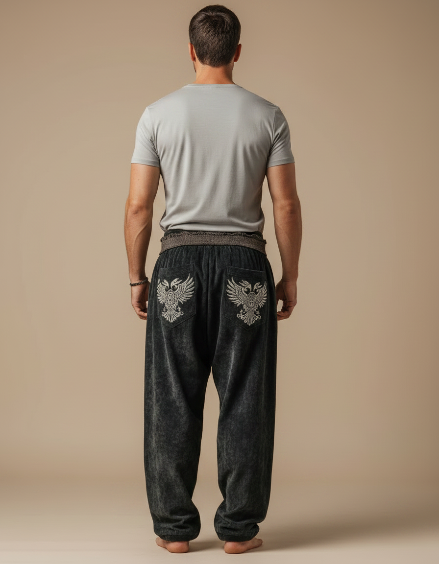 Pantalon Fluide Noir Brodé Aigle Viking Ample Homme - Velours - vue 2
