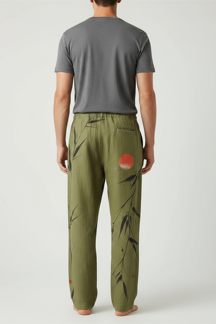 Pantalon Fluide Vert Lin Motif Bambou Soleil Homme - vue 2