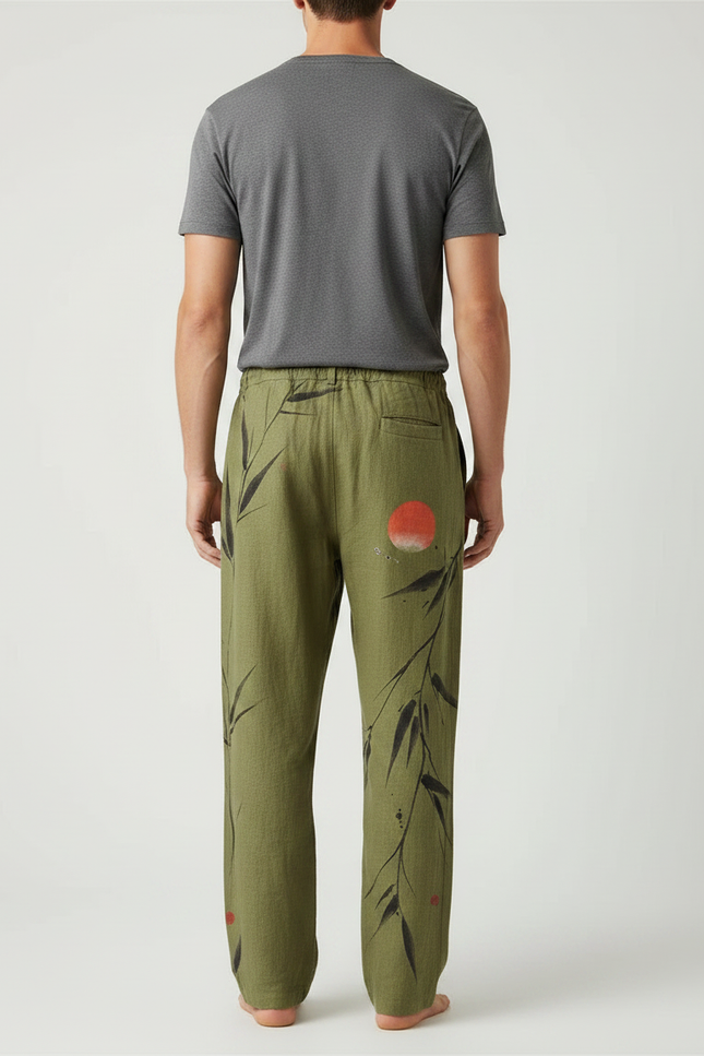 Pantalon Fluide Vert Lin Motif Bambou Soleil Homme - vue 2