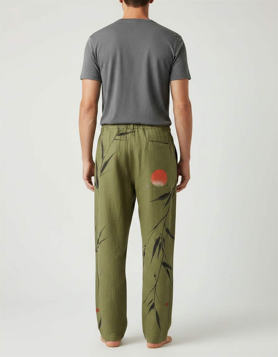Pantalon Fluide Vert Lin Motif Bambou Soleil Homme - vue 2