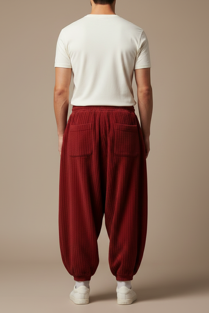 Pantalon Fluide Rouge Côtelé Ample Confortable Décontracté Homme - Bordeaux Cordé - vue 2