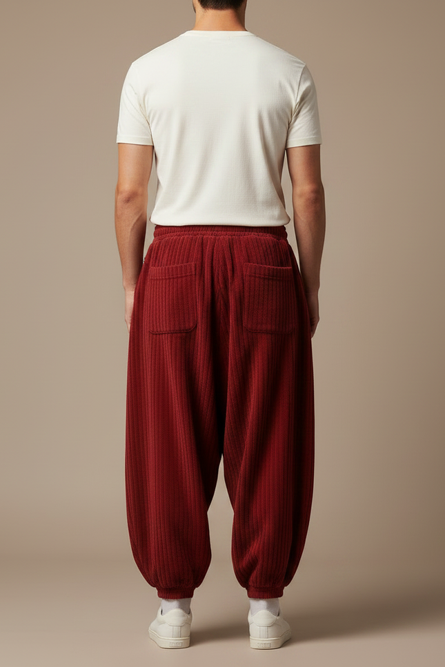 Pantalon Fluide Rouge Côtelé Ample Confortable Décontracté Homme - Bordeaux Cordé - vue 2