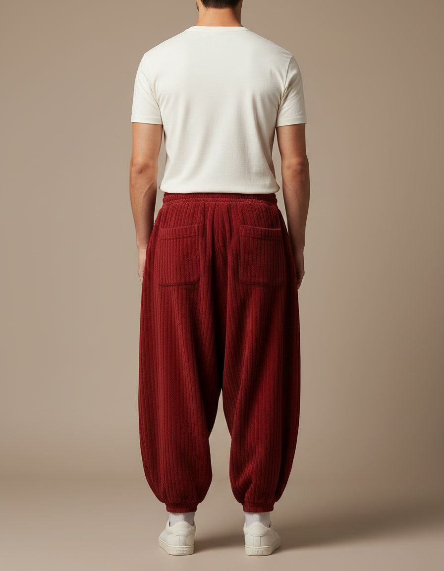 Pantalon Fluide Rouge Côtelé Ample Confortable Décontracté Homme - Bordeaux Cordé - vue 2
