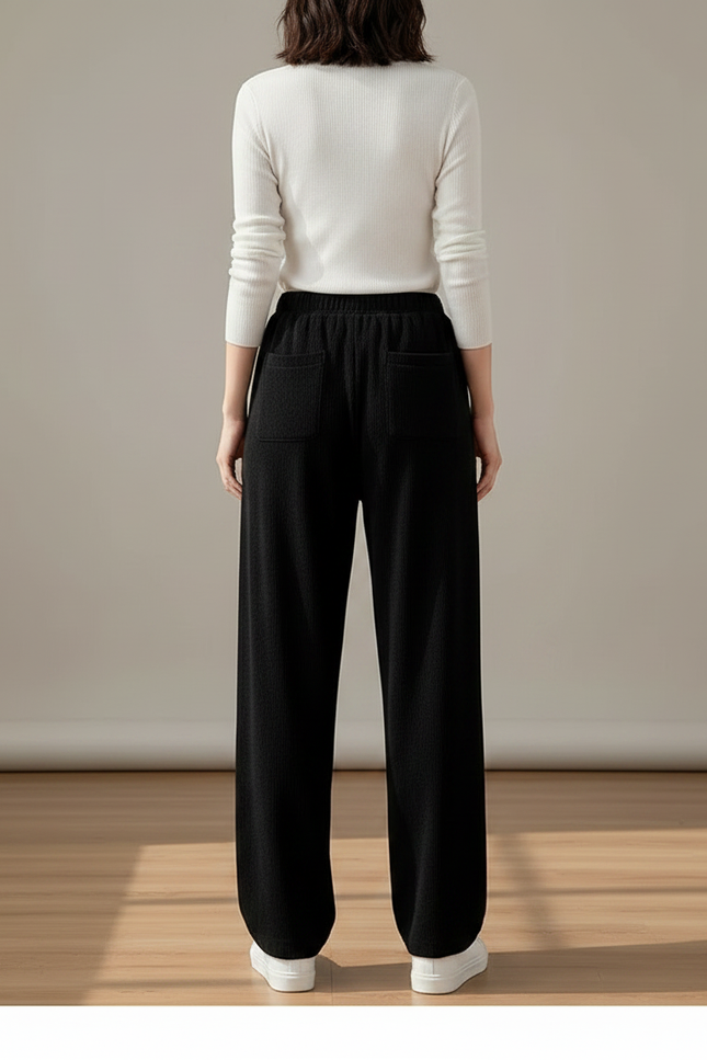 Pantalon Fluide Noir Ample Côtelé Décontracté Élégant - Cordé - vue 2