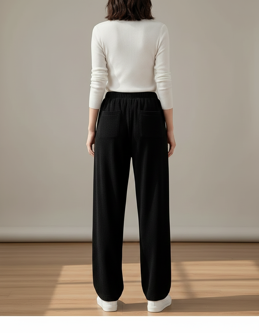 Pantalon Fluide Noir Ample Côtelé Décontracté Élégant - Cordé - vue 2
