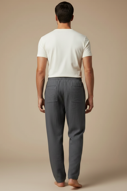 Pantalon Fluide Gris Coton Ample Décontracté Homme Cordon - Lin - vue 2