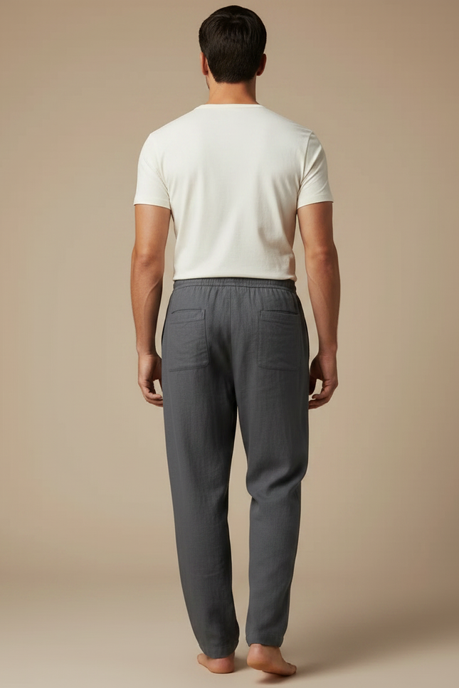 Pantalon Fluide Gris Coton Ample Décontracté Homme Cordon - Lin - vue 2