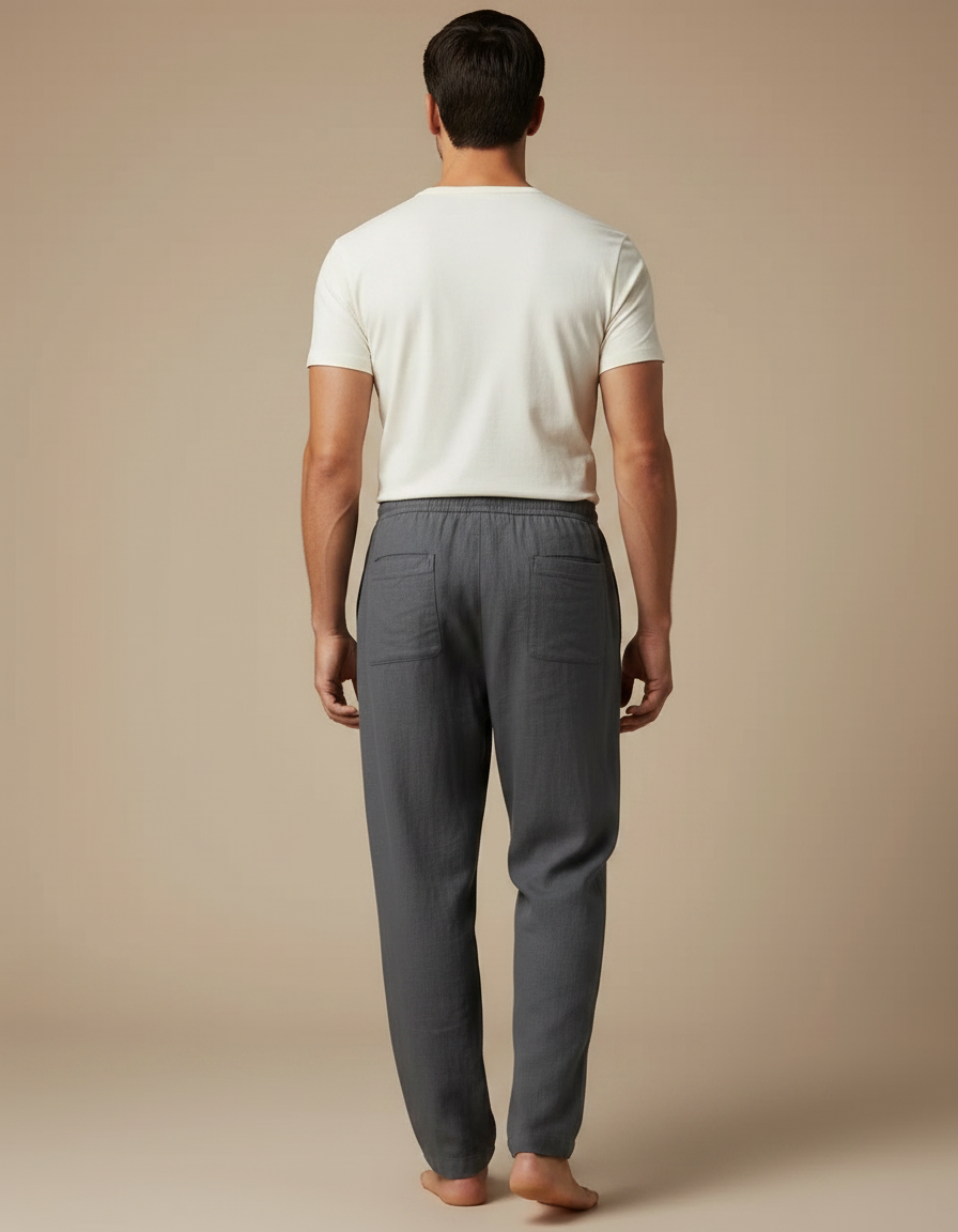 Pantalon Fluide Gris Coton Ample Décontracté Homme Cordon - Lin - vue 2