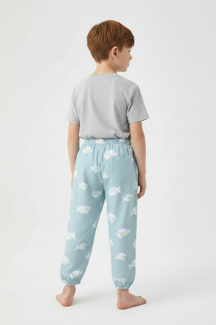 Pantalon Fluide Enfant Coton Bleu Poissons Ample - vue 2