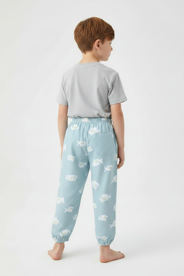 Pantalon Fluide Enfant Coton Bleu Poissons Ample - vue 2