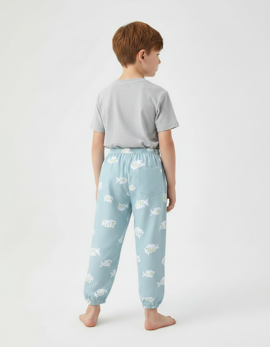 Pantalon Fluide Enfant Coton Bleu Poissons Ample - vue 2