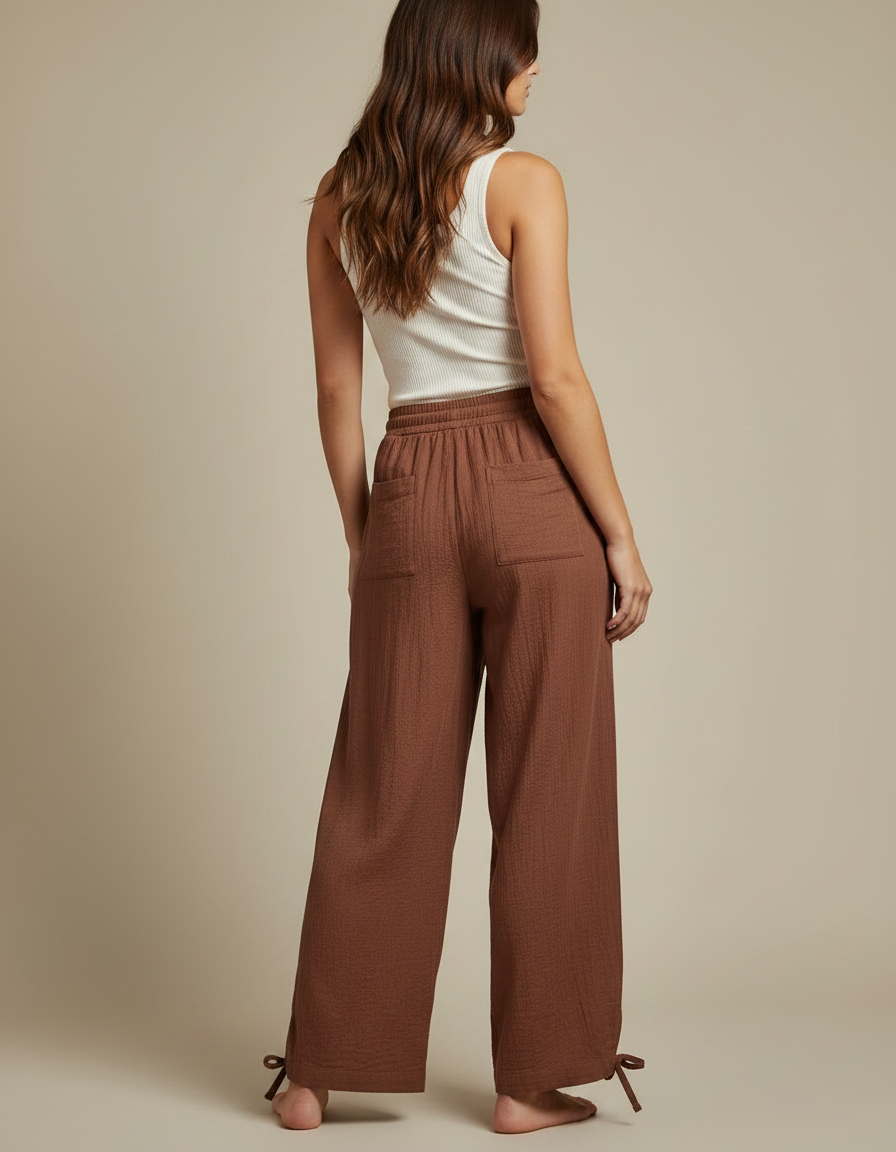 Pantalon Fluide Marron Ample Coton Cordon - vue 2