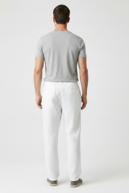 Pantalon Fluide Blanc Lin Ample Cordon Décontracté - vue 2