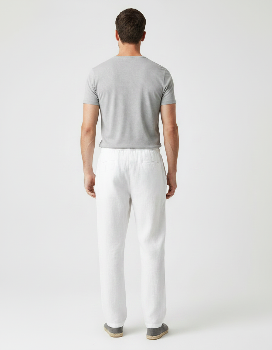 Pantalon Fluide Blanc Lin Ample Cordon Décontracté - vue 2