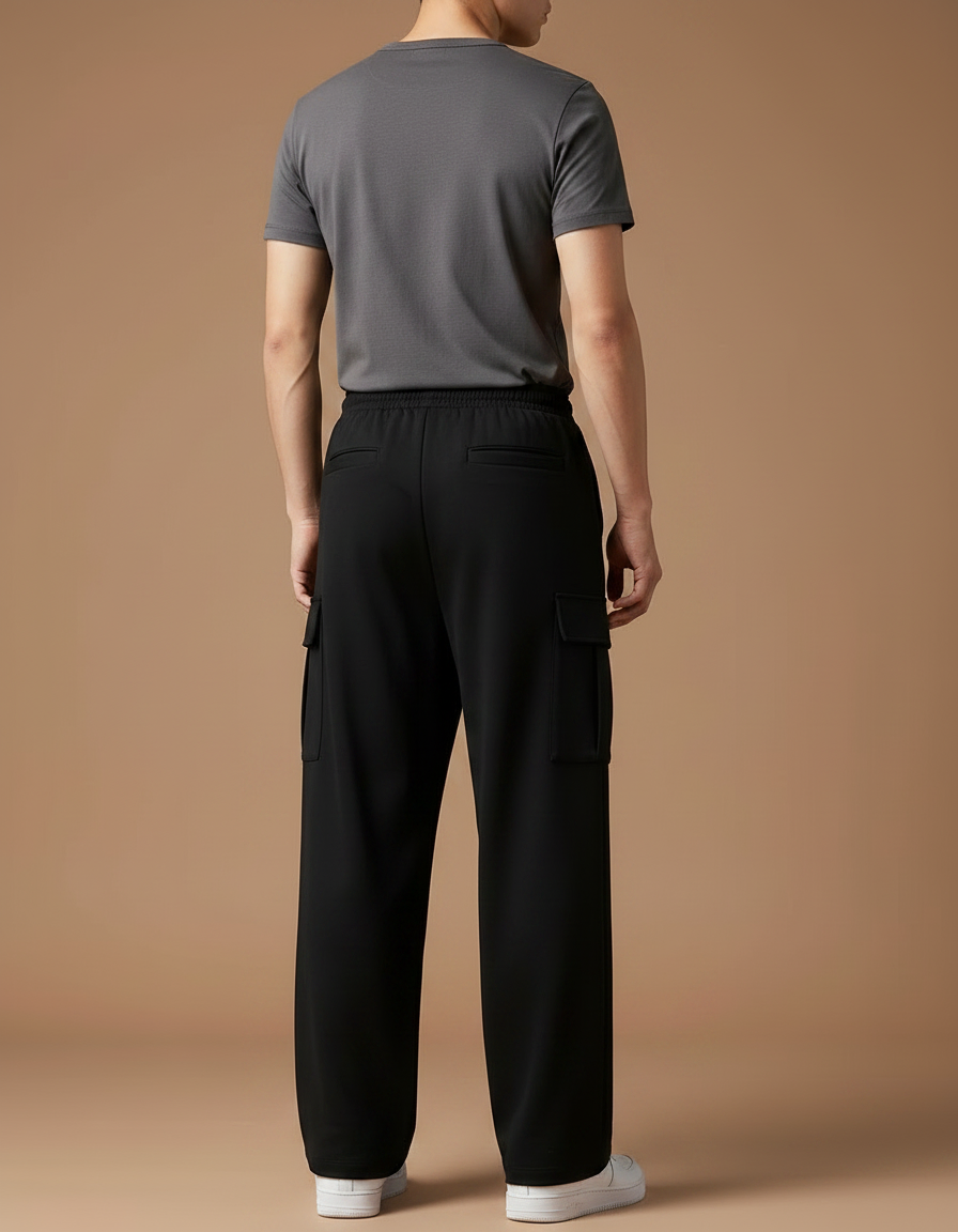Pantalon Fluide Noir Ample Coton Cargo Décontracté - vue 2