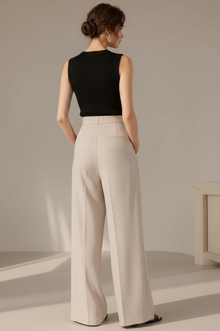 Pantalon Fluide Beige Évasé Plissé Élégant Femme - Polyester - vue 2