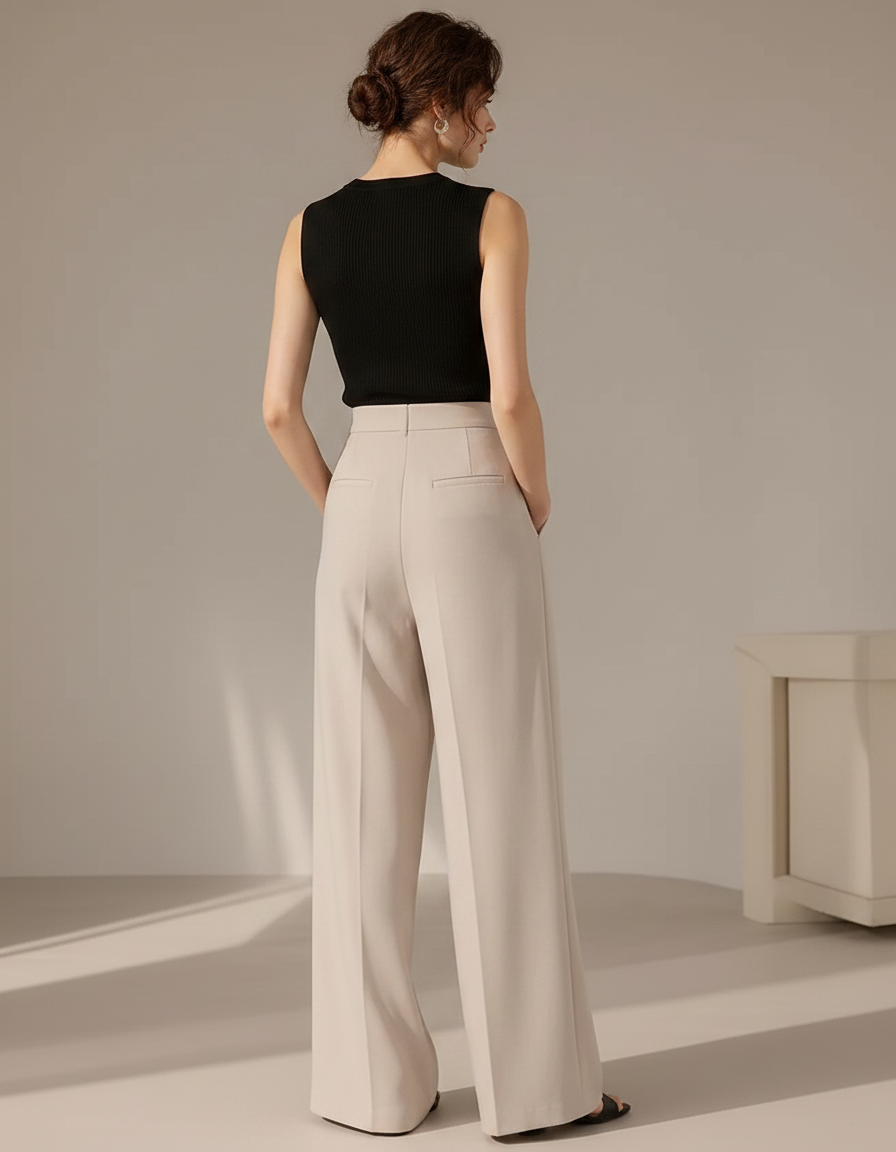 Pantalon Fluide Beige Évasé Plissé Élégant Femme - Polyester - vue 2