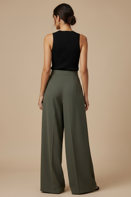 Pantalon Fluide Plissé Vert - Kaki Polyester - vue 2