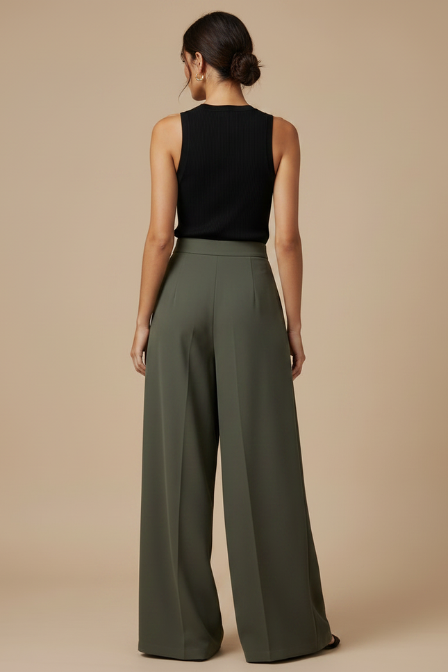 Pantalon Fluide Plissé Vert - Kaki Polyester - vue 2
