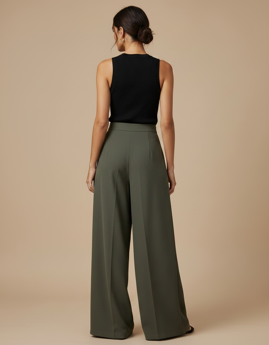 Pantalon Fluide Plissé Vert - Kaki Polyester - vue 2
