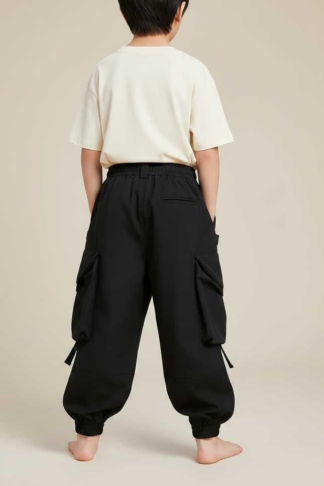 Pantalon Fluide Noir Cargo Ample Garçon Streetwear - Polyester - vue 2