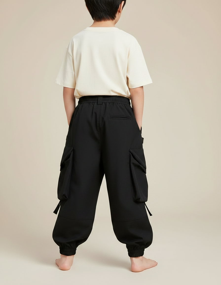 Pantalon Fluide Noir Cargo Ample Garçon Streetwear - Polyester - vue 2