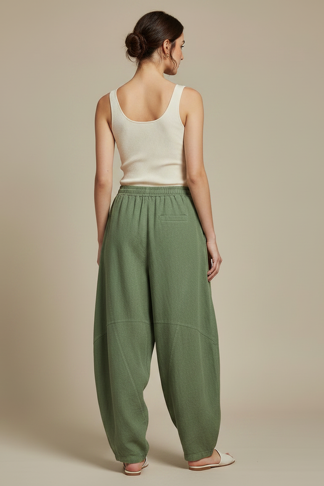 Pantalon Fluide Vert Ample Coton Lin Décontracté - Kaki - vue 2