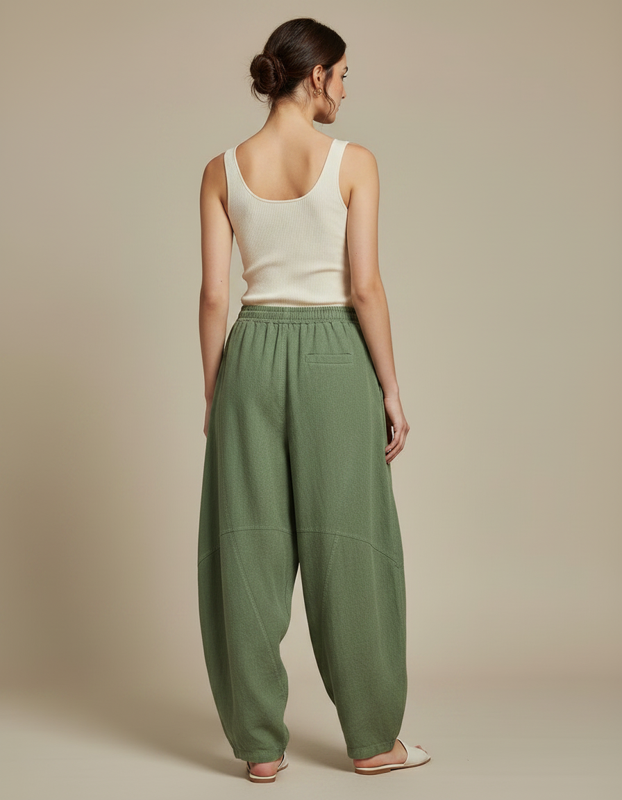 Pantalon Fluide Vert Ample Coton Lin Décontracté - Kaki - vue 2