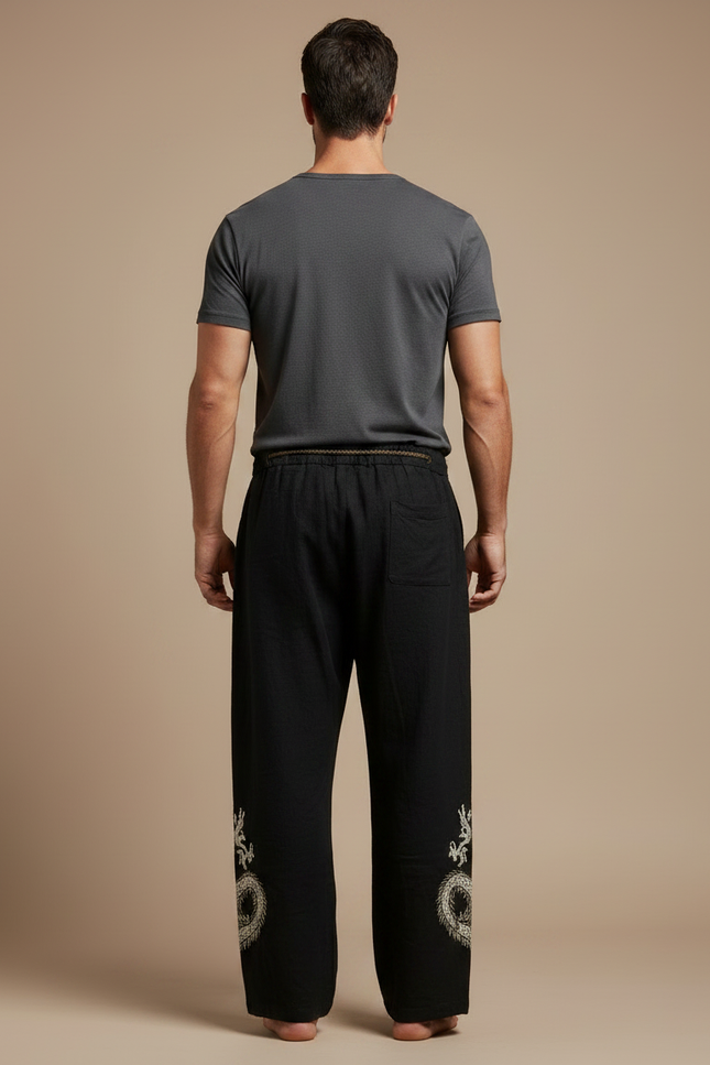 Pantalon Fluide Noir Brodé Dragon Cordon Ample Homme - Lin - vue 2
