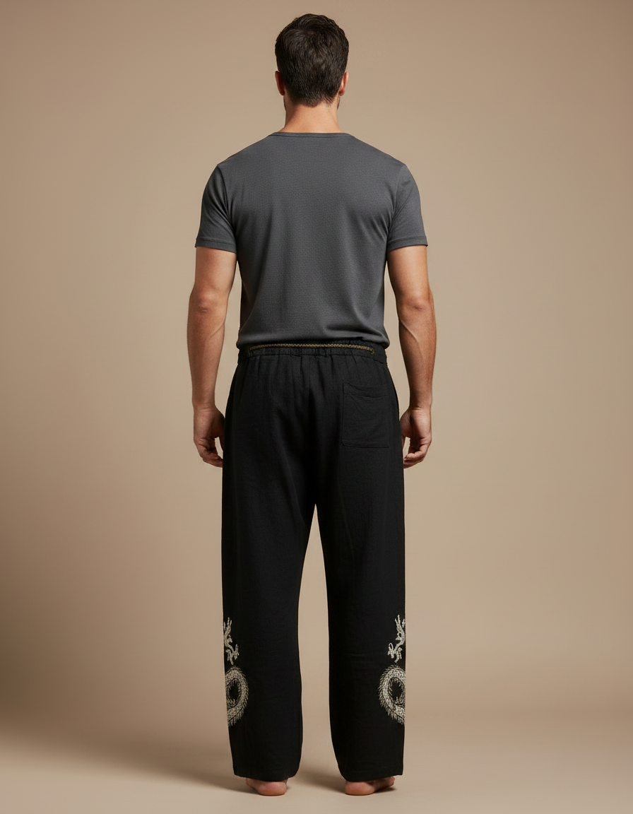 Pantalon Fluide Noir Brodé Dragon Cordon Ample Homme - Lin - vue 2