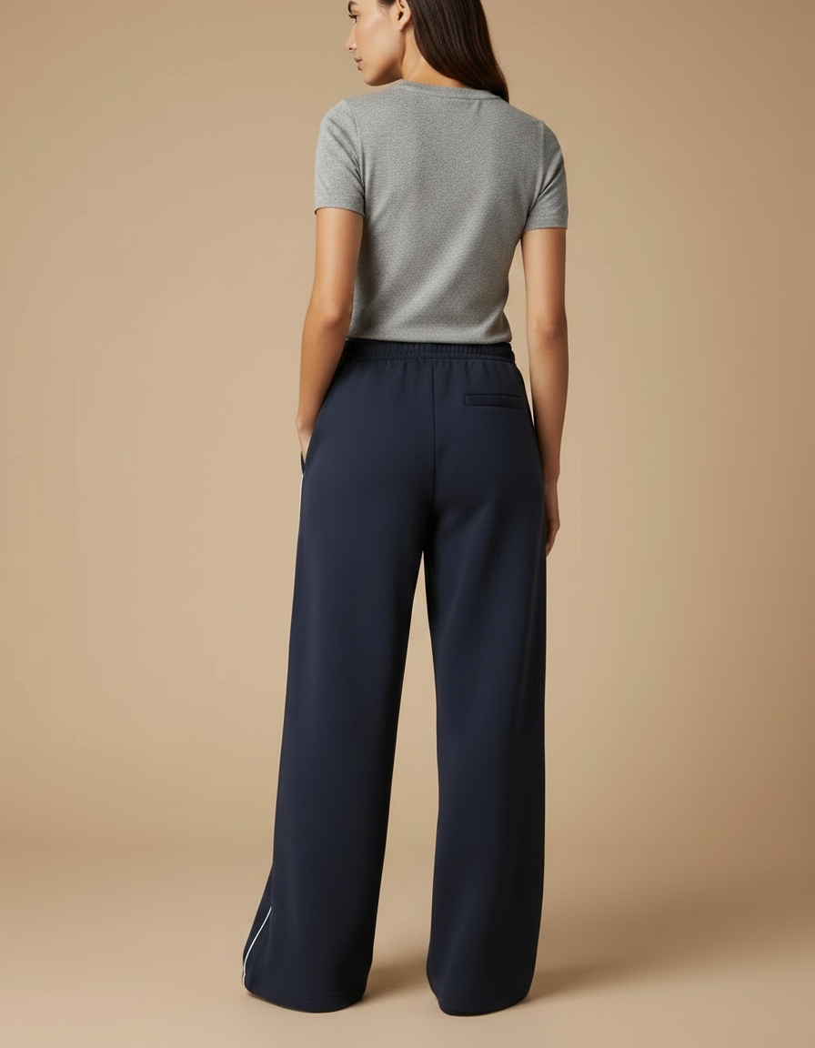 Pantalon Fluide Bleu Marine Ample Rayé Décontracté Brodé - Molleton - vue 2