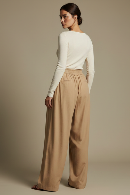 Pantalon Fluide Beige Ample Plissé Taille Élastique - Viscose - vue 2