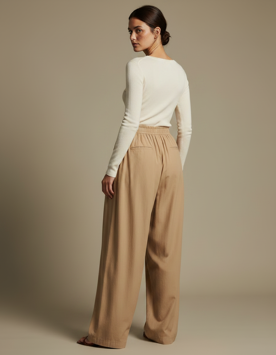 Pantalon Fluide Beige Ample Plissé Taille Élastique - Viscose - vue 2