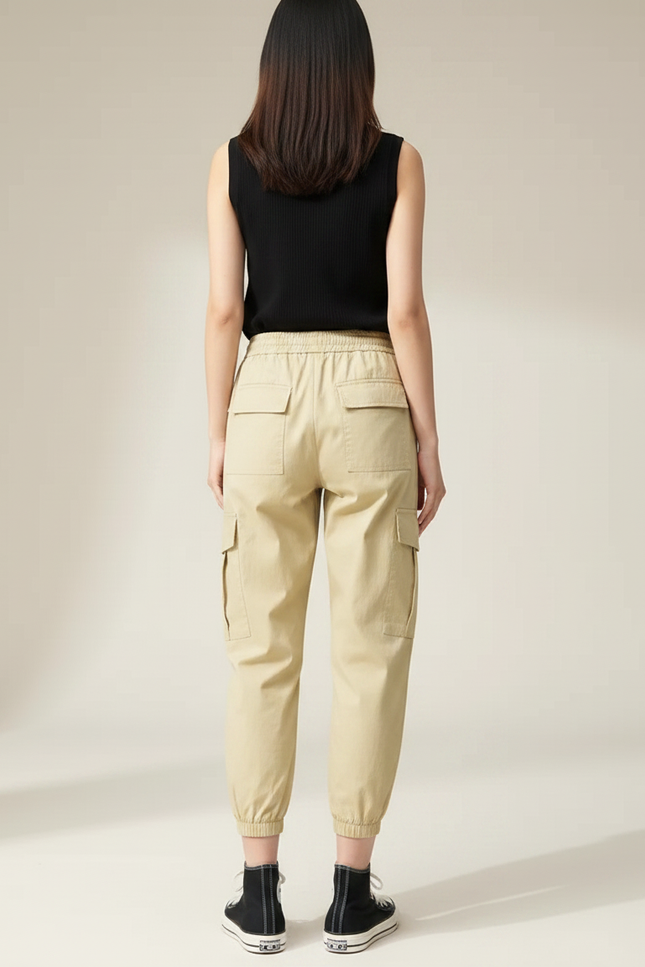 Pantalon Fluide Cargo Kaki Ample Décontracté Coton - vue 2