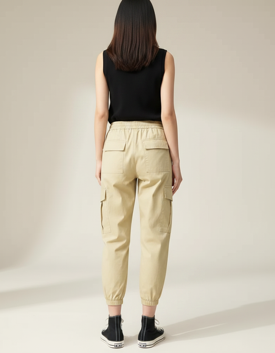 Pantalon Fluide Cargo Kaki Ample Décontracté Coton - vue 2