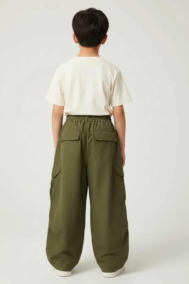 Pantalon Fluide Cargo Vert Ample Enfant Décontracté - Kaki Polyester - vue 2
