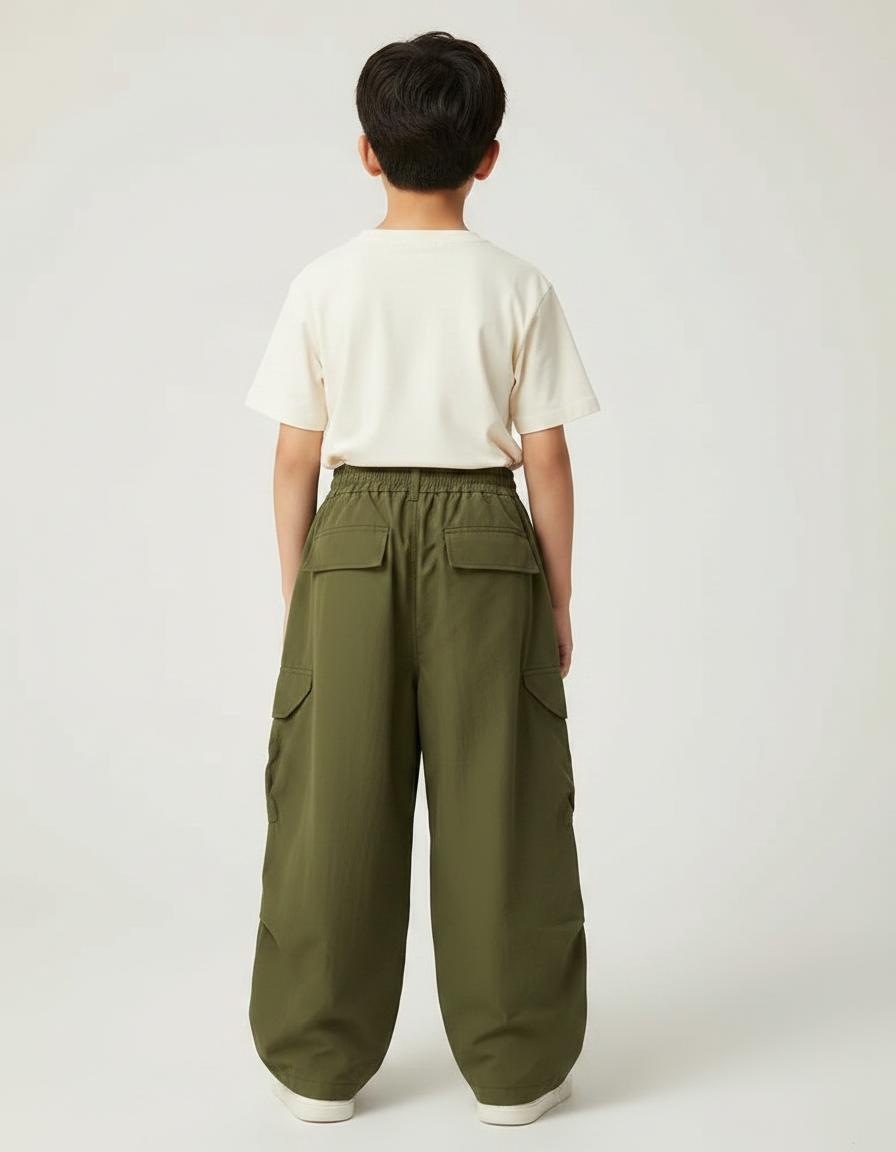 Pantalon Fluide Cargo Vert Ample Enfant Décontracté - Kaki Polyester - vue 2