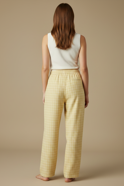 Pantalon Fluide Jaune Carreaux Coton Ample Décontracté Femme - Molleton - vue 2