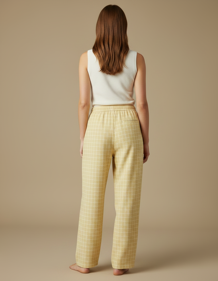 Pantalon Fluide Jaune Carreaux Coton Ample Décontracté Femme - Molleton - vue 2