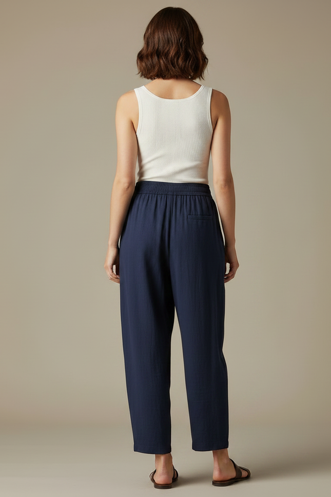 Pantalon Fluide Bleu Marine Ample Décontracté Lin Coton - vue 2