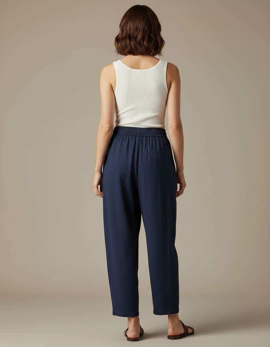 Pantalon Fluide Bleu Marine Ample Décontracté Lin Coton - vue 2