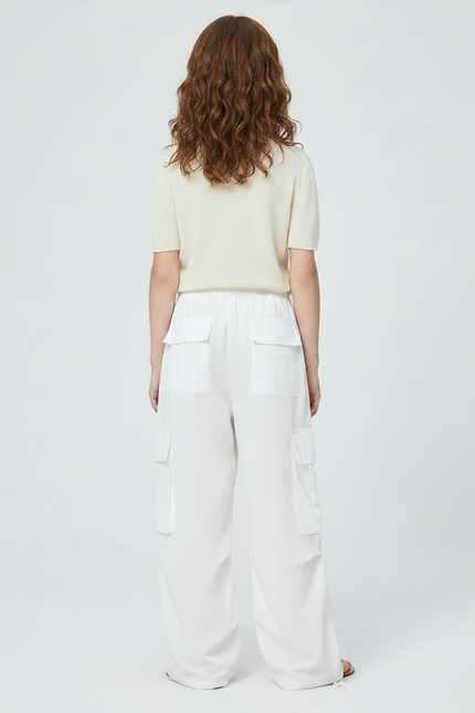 Pantalon Fluide Blanc Ample Cargo Cordon Fille - Polyester - vue 2
