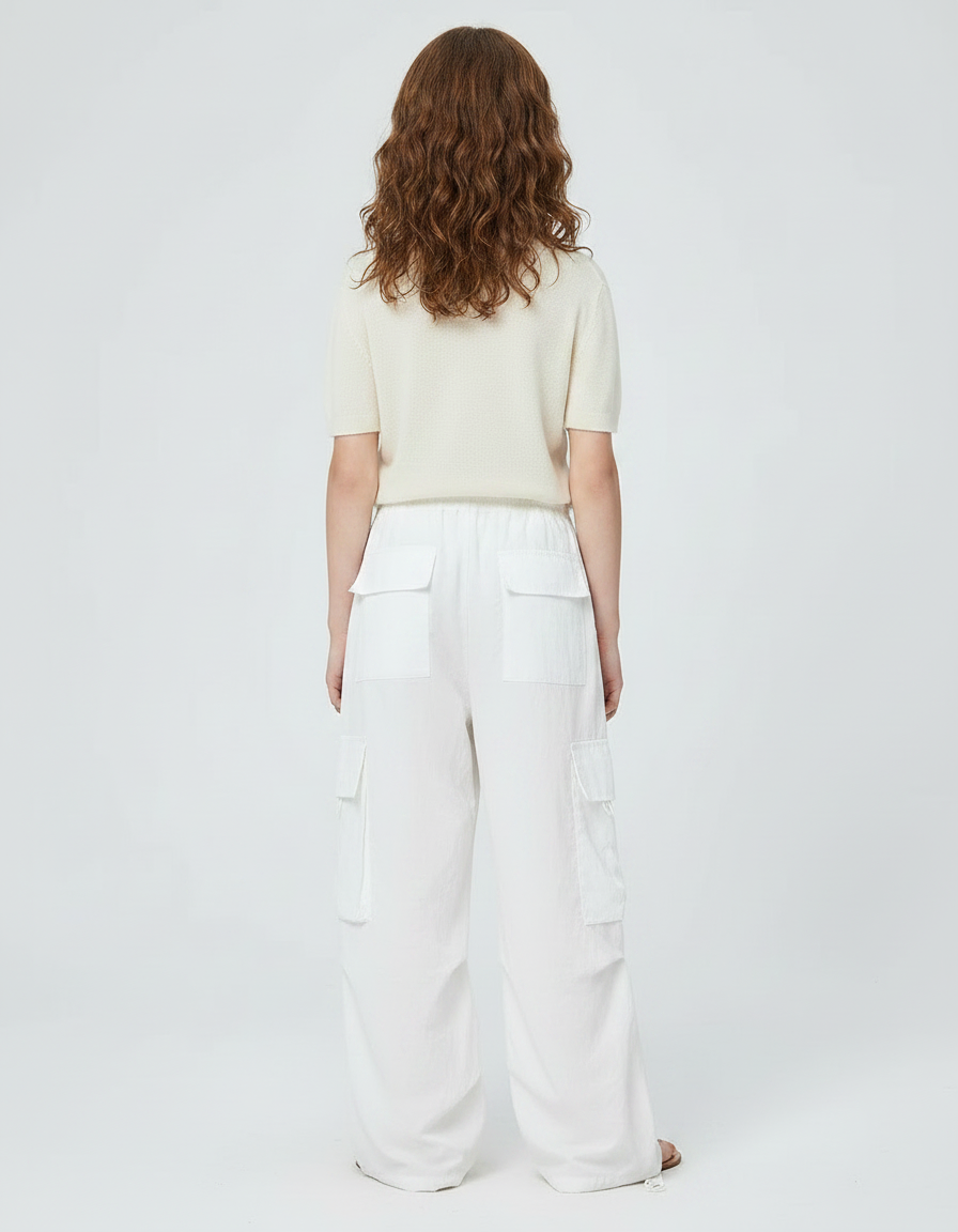 Pantalon Fluide Blanc Ample Cargo Cordon Fille - Polyester - vue 2