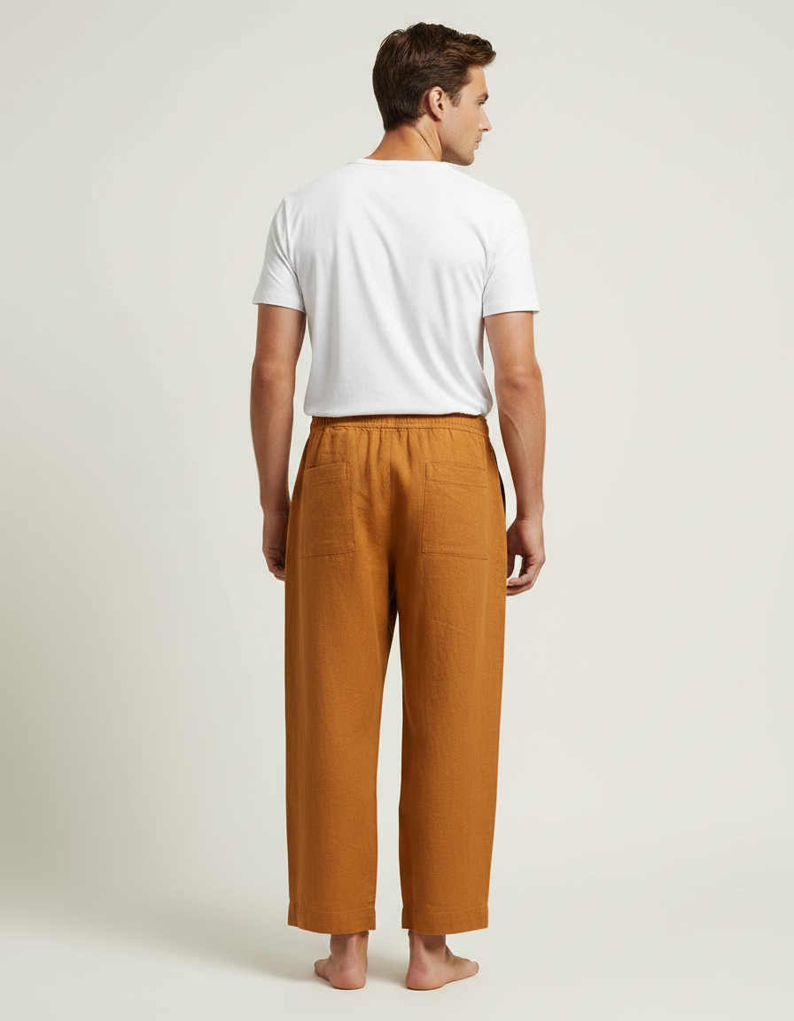 Pantalon Fluide Lin Ample Marron Décontracté Homme - vue 2