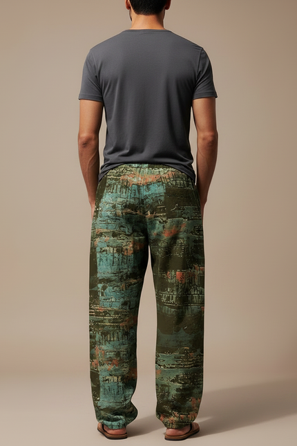 Pantalon Fluide Vert Ample Imprimé Urbain Cordon Homme - Kaki Polyester - vue 2
